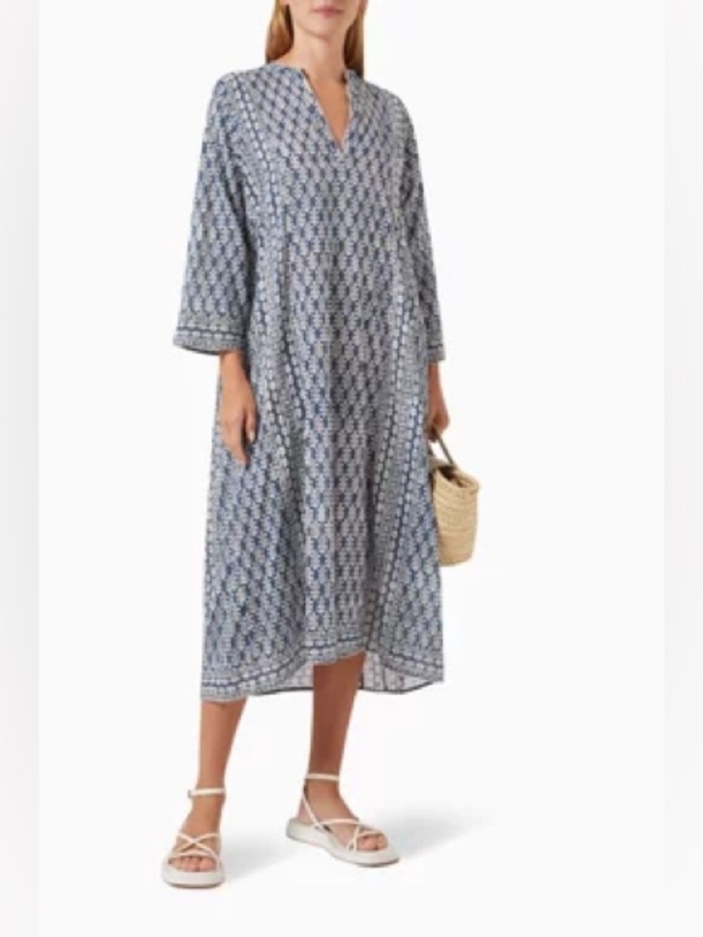DOEN Sadra Dress in Organic Cotton Blue Printed V-Neck